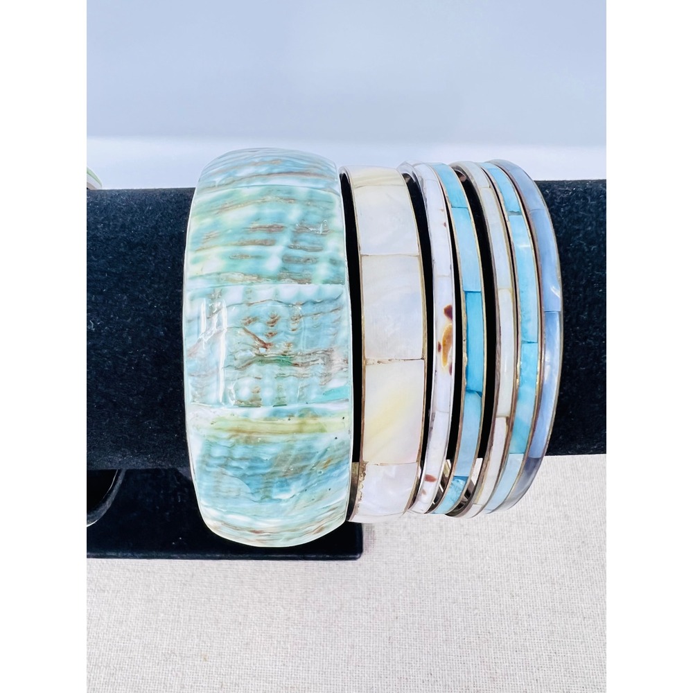 Vintage l Shell Multicolor Inlay Bangle & Cuff Bracelet Lot of 18 - Picture 7 of 16